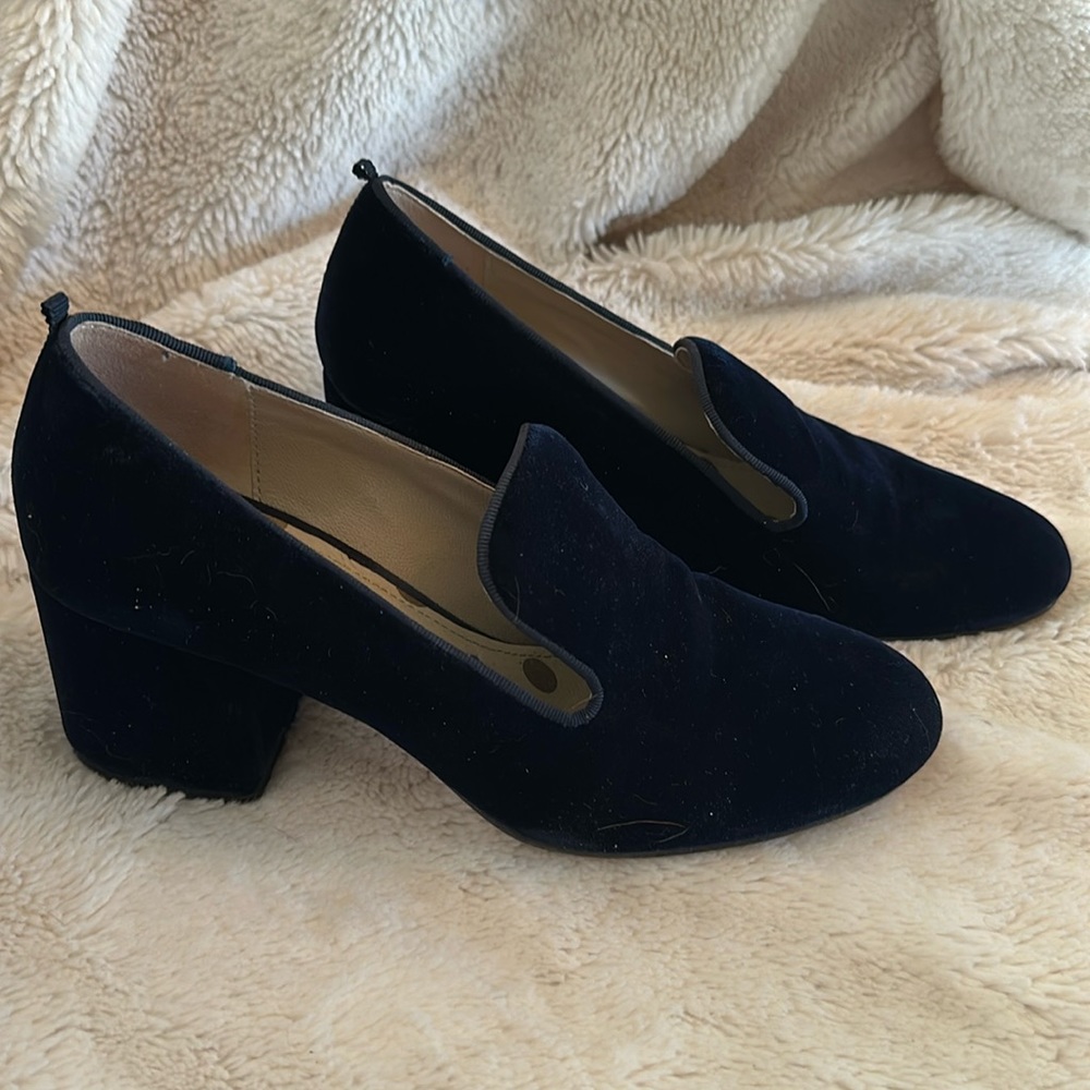 Boden Blue Velvet Heeled Loafers.